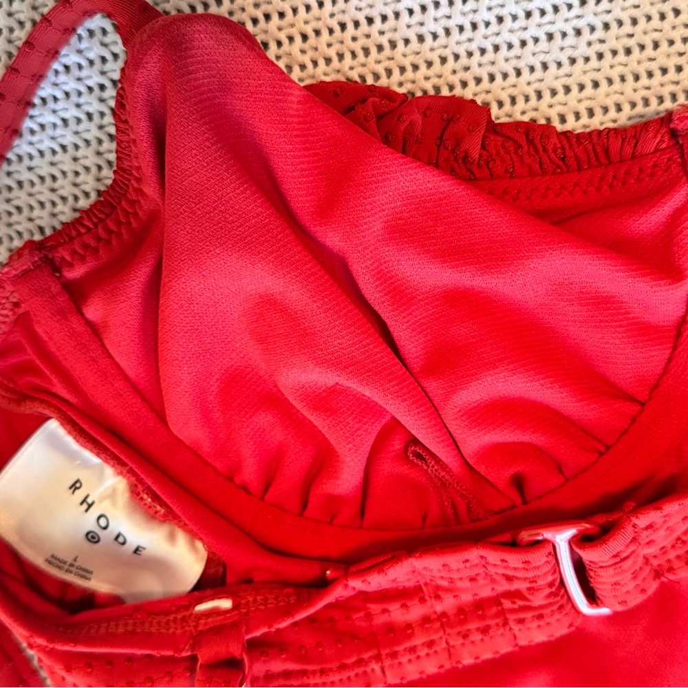 RHODE Ruched Tummy Embossed Dot Ruffle Red One Piece Swimsuit - Picture 11 of 13